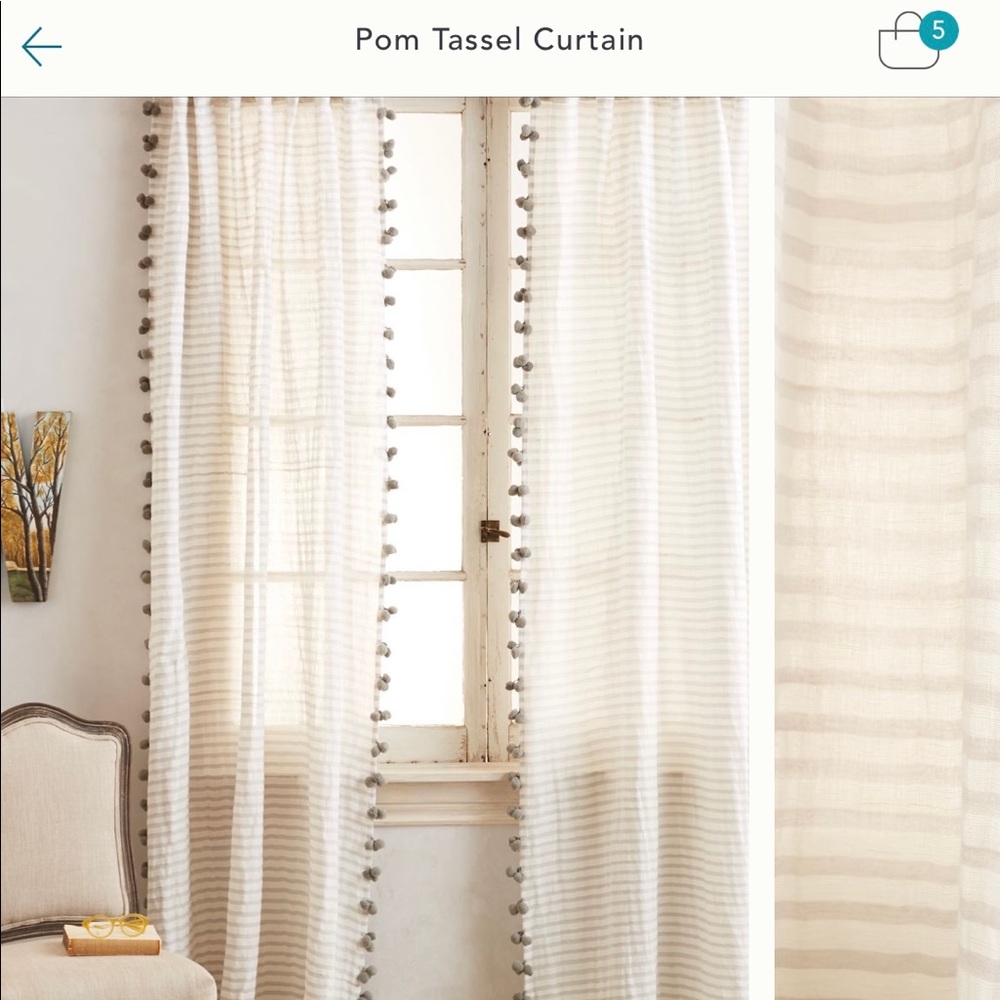 Anthropologie Gray Pom Tassel Curtain 3 Panels